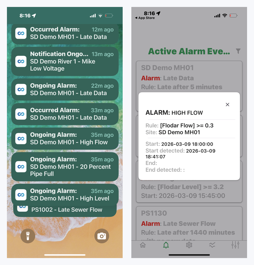 Two phone screens: alarm push notifications stacked on a lock screen, and the alarm detail modal showing the rule, site, start time and detection time.