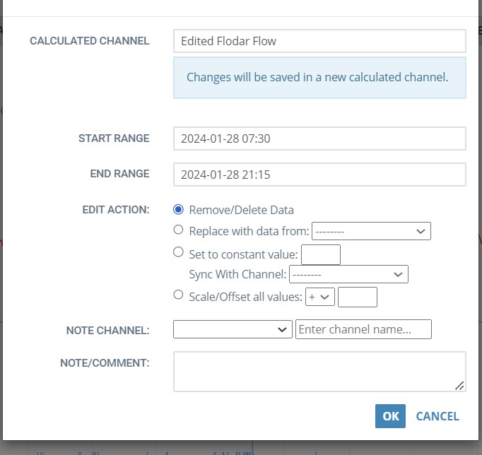 The Edit Data dialog, showing that changes are saved into a new calculated channel and can carry a note and comment