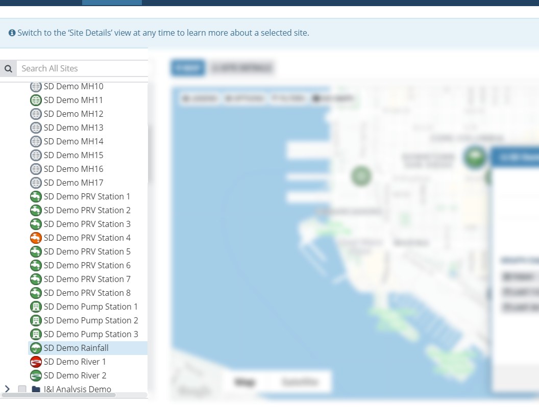 SCADA points and sensor sites listed together with live status